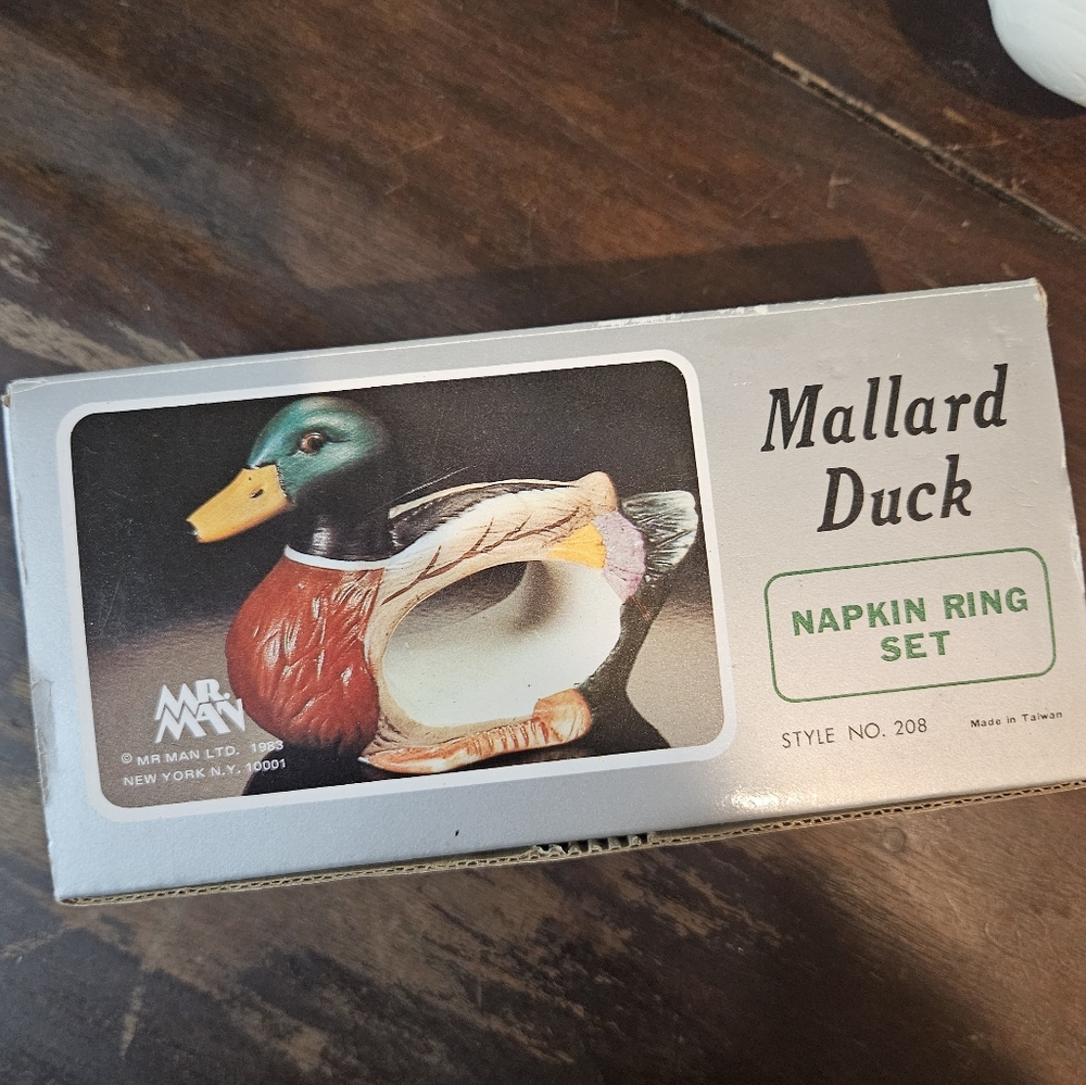 Vintage Mr. Man Ceramic Mallard Duck Napkin Rings NIB